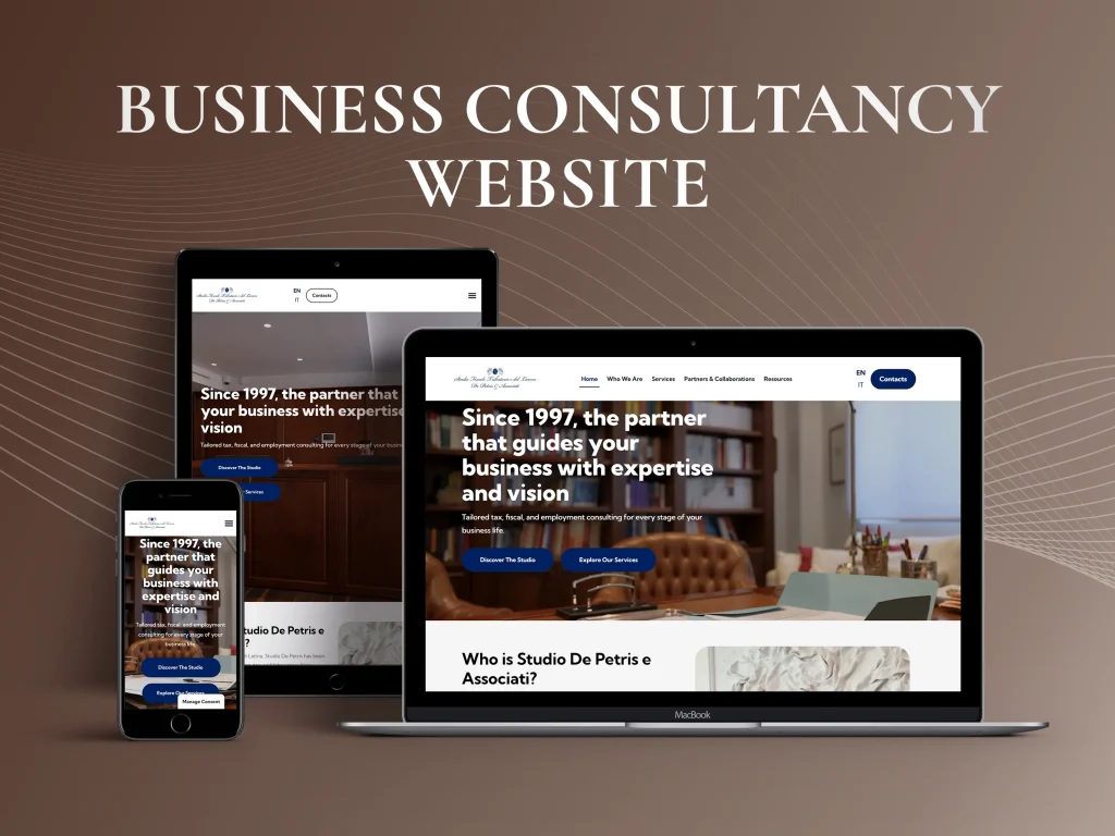 Financial consulting firm website design showcased on a laptop, tablet, and mobile device screen.
