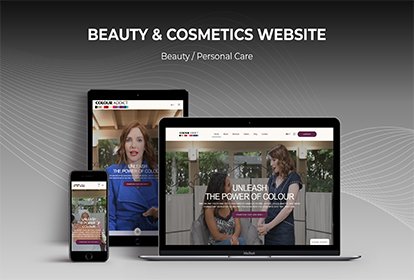Responsive web design mockup for a beauty and cosmetics brand displayed on laptop, tablet, and mobile screens.
