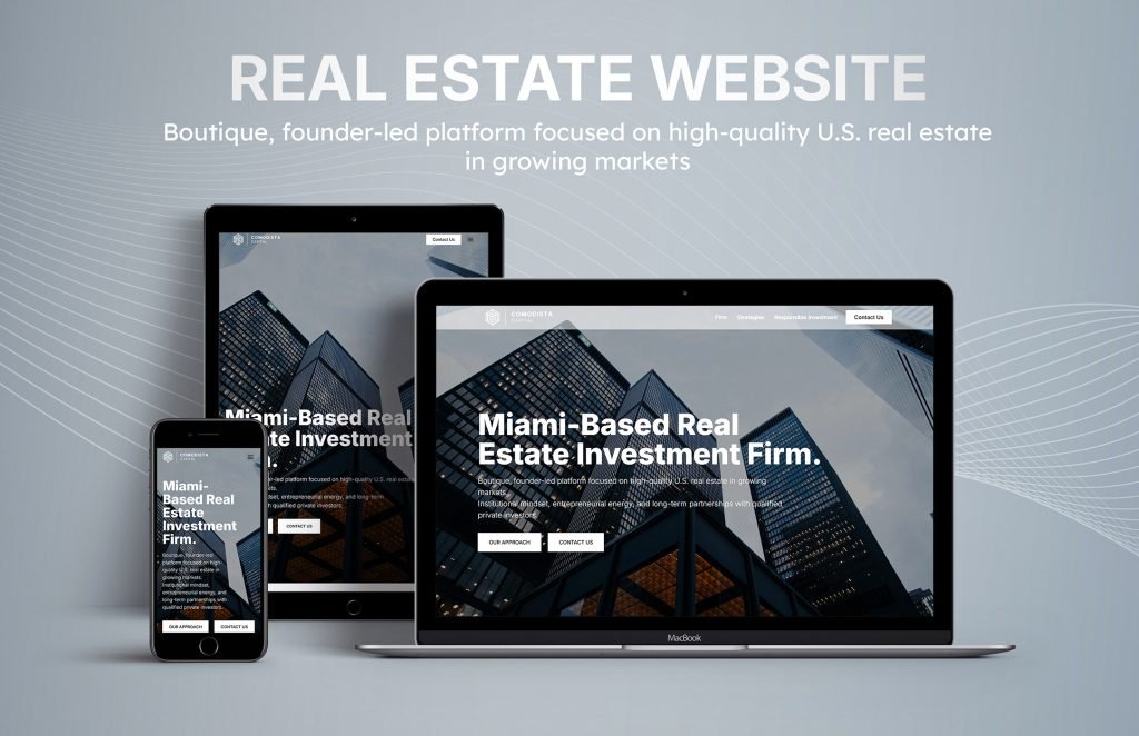 Web design mockup for a boutique real estate investment firm shown across mobile, tablet, and desktop views.