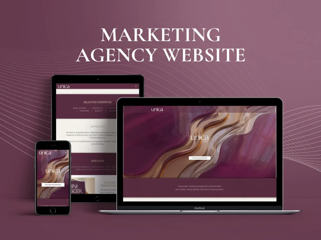 Elegant agency website design mockups displayed across desktop and smartphone displays.